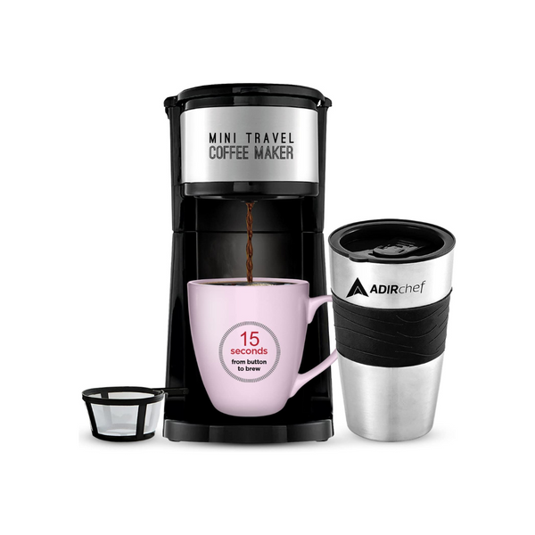 AdirChef Mini Travel Single Serve Coffee Maker & 15 oz. Travel Mug Coffee Tumbler