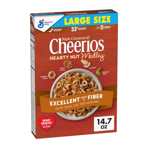Large Size Cheerios Hearty Nut Medley Cereal Box, Maple Cinnamon Flavored, Packed with Whole Grain