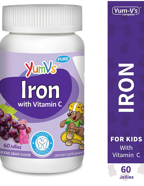 60 YUM-V's Iron Jellies/Gummy Bears for Kids w/Vitamin C, Grape Flavor Chewables